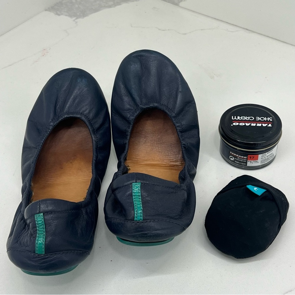 Tieks navy blue foldable ballet flats, tarrago shoe cream and shoe bag